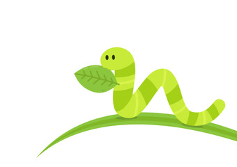 Green worm vector. Worm cartoon vector. free space for text. Green worm on the leaf.