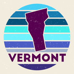 Vermont logo. Sign with the map of us state and colored stripes, vector illustration. Can be used as insignia, logotype, label, sticker or badge of the Vermont.