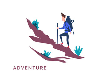 Illustration Vector graphic of Young man hiking in mountains. Concept characters with equipment in journey on hills.  fit for exploration or adventure tourism and travel. Flat vector etc.