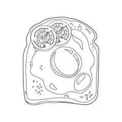 Outline Vector toast with egg, olive and tomatoes. Vegetable toast on grilled bread slice. Open sandwich. Vegan snack food. Vector illustration.