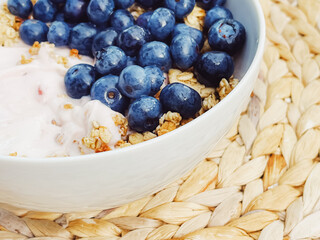 Blueberry yogurt cereal bowl as healthy breakfast and morning meal, sweet food and organic berry...
