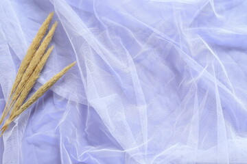 dry reed on white tulle with purple background and copy space