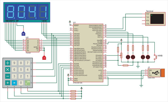 The vector  electrical schematic diagram of a digital usb
information output device,
operating under the control of an ATmega microcontroller.
Vector drawing of an electronic device in a1 format.
