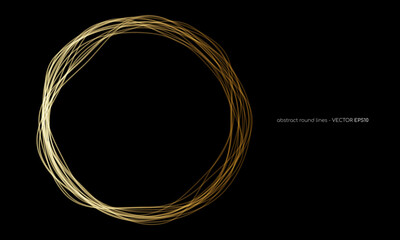 Vector abstract circles lines wavy in round frame gold light isolated on black background with empty space for text in luxury style.