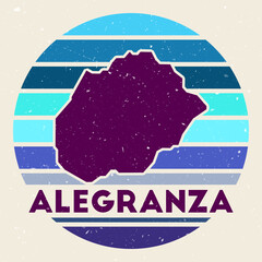 Alegranza logo. Sign with the map of island and colored stripes, vector illustration. Can be used as insignia, logotype, label, sticker or badge of the Alegranza.