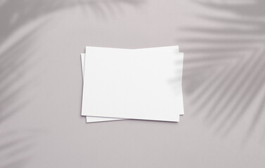 Postcard mockup blank paper template with overlay palm shadow on a neutral background. Empty card for design