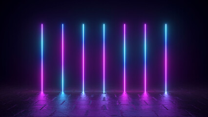 Abstract concept. Neon blue purple lines on a dark background. Reflection. Night club. Lighting. Tile. 3d illustration