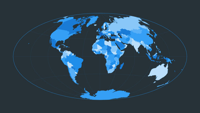 World map. Aitoff projection. Futuristic world illustration for your infographic. Nice blue colors palette. Appealing vector illustration.