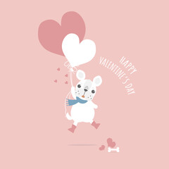 cute and lovely hand drawn cute french bulldog pug holding heart balloon, happy valentine's day, love concept, flat vector illustration cartoon character costume design