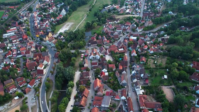 Aerial view of the city Georgensgmünd in Germany, Bavaria on a late afternoon in summer.
