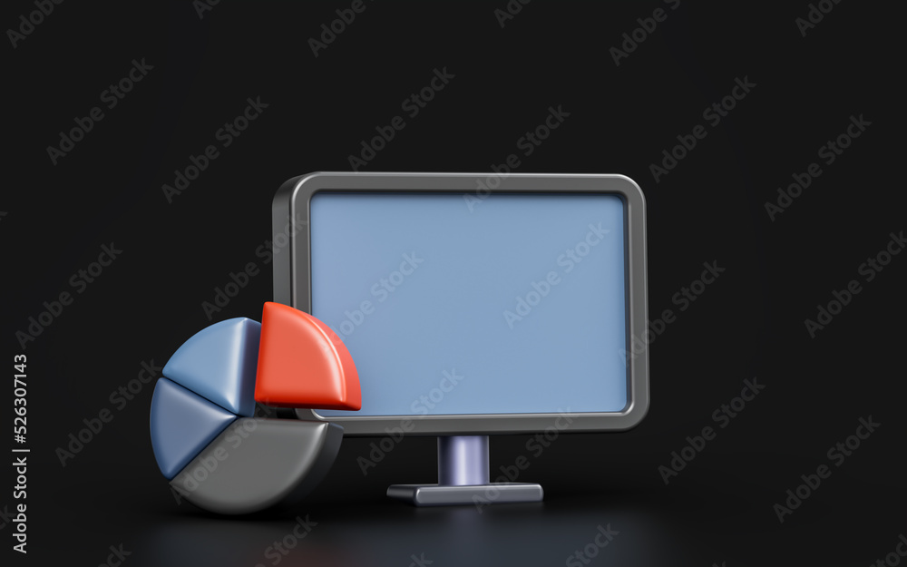 Wall mural monitor with pie chart sign on dark background 3d render concept for financial information analysis