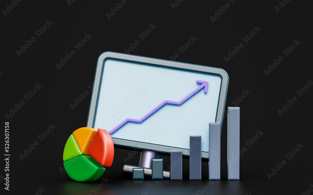 Wall mural monitor sign with pie chart bar on dark background 3d render concept for business growth report
