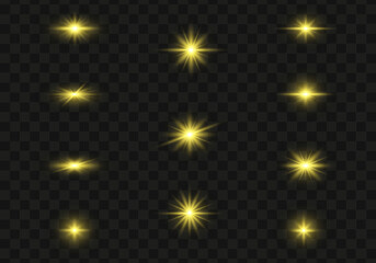 Set of glowing light stars with sparkles. Transparent shining sun, star explodes and bright flash. Yellow bright illustration starburst.
