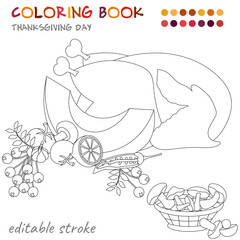 Thanksgiving Day. Roasted turkey with vegetables and a basket of mushrooms. Coloring template for children and adults.