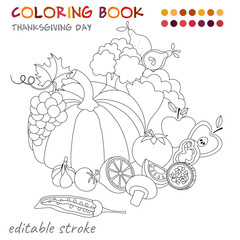 Thanksgiving Day.  Still life of pumpkins, grapes, vegetables and fruits. Coloring template for children and adults.