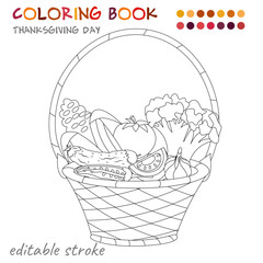 Thanksgiving Day.  Wicker basket with vegetables. Coloring template for children and adults.