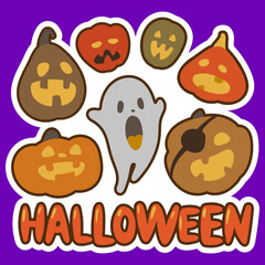 Halloween party set sticker design. Cute funny spooky ghost and pumpkins.