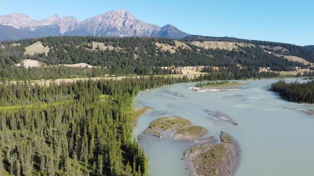 Aerial shots of mountains and rivers in Jasper National park