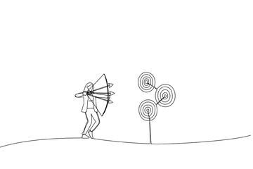 Drawing of businesswoman aiming multiple bows on three targets. Metaphor for multitasking or multiple purpose strategy, aiming for many targets or goal. Single line art style