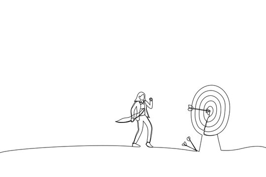 Drawing of businesswoman finally hit target after too many unsuccessful tries. Metaphor for effectiveness and efficiency to measure success rate. Single line art style