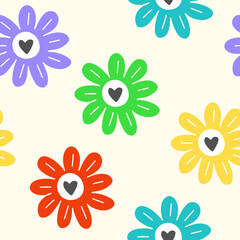 Seamless pattern. Funny cartoon illustration. Vector icon of colorful chamomile with hearts. Comic element for sticker, graphic tee print, bullet journal cover, card. 1990s style. Bright colors.
