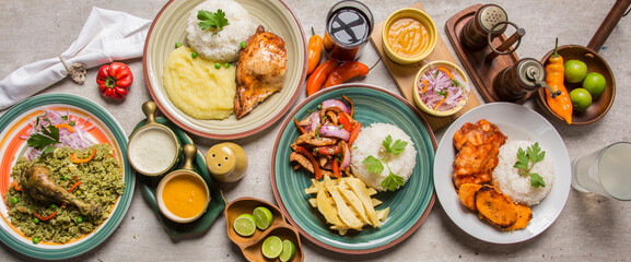Fototapeta na wymiar Buffet table peru peruvian gourmet restaurant popular comfort food