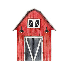 Red barn hand drawn watercolor illustration. Vintage style farm, ranch, countryside shed. Red wooden barn on white background. Countryside farm element © anitapol
