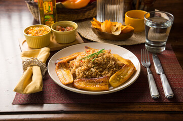 Fried vegetable rice with fried plantains peru peruvian gourmet restaurant popular comfort food