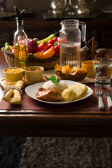 Roasted chicken with boiled potatoes Peruvian gourmet restaurant food