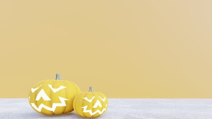 Halloween Set of pumpkin for holiday. Realistic 3d black pumpkins with cut scary good joy smile. Collection of 3d objects. Design elements isolated on orange background.