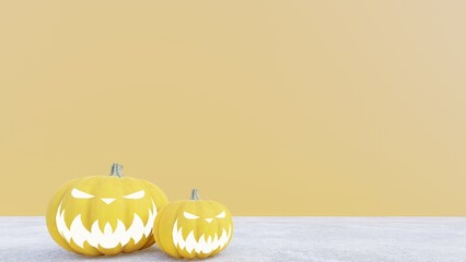 Halloween Set of pumpkin for holiday. Realistic 3d black pumpkins with cut scary good joy smile. Collection of 3d objects. Design elements isolated on orange background.