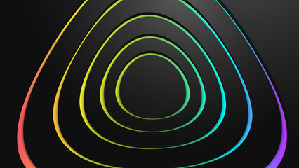 Black paper cut background. Abstract realistic papercut decoration textured with stepped layers. Technology material design concept. Rainbow neon light cover template 3d backdrop. Vector illustration.