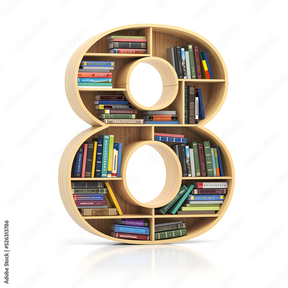Aufkleber Number 8 eight in form of bookshelf with book and texbooks. Educational and learning conceptual font and alphabet.