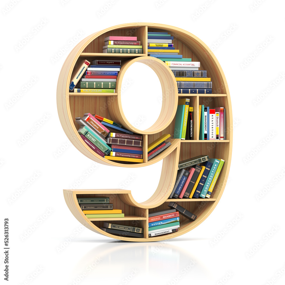 Poster Number 9 nine in form of bookshelf with book and texbooks. Educational and learning conceptual font and alphabet.