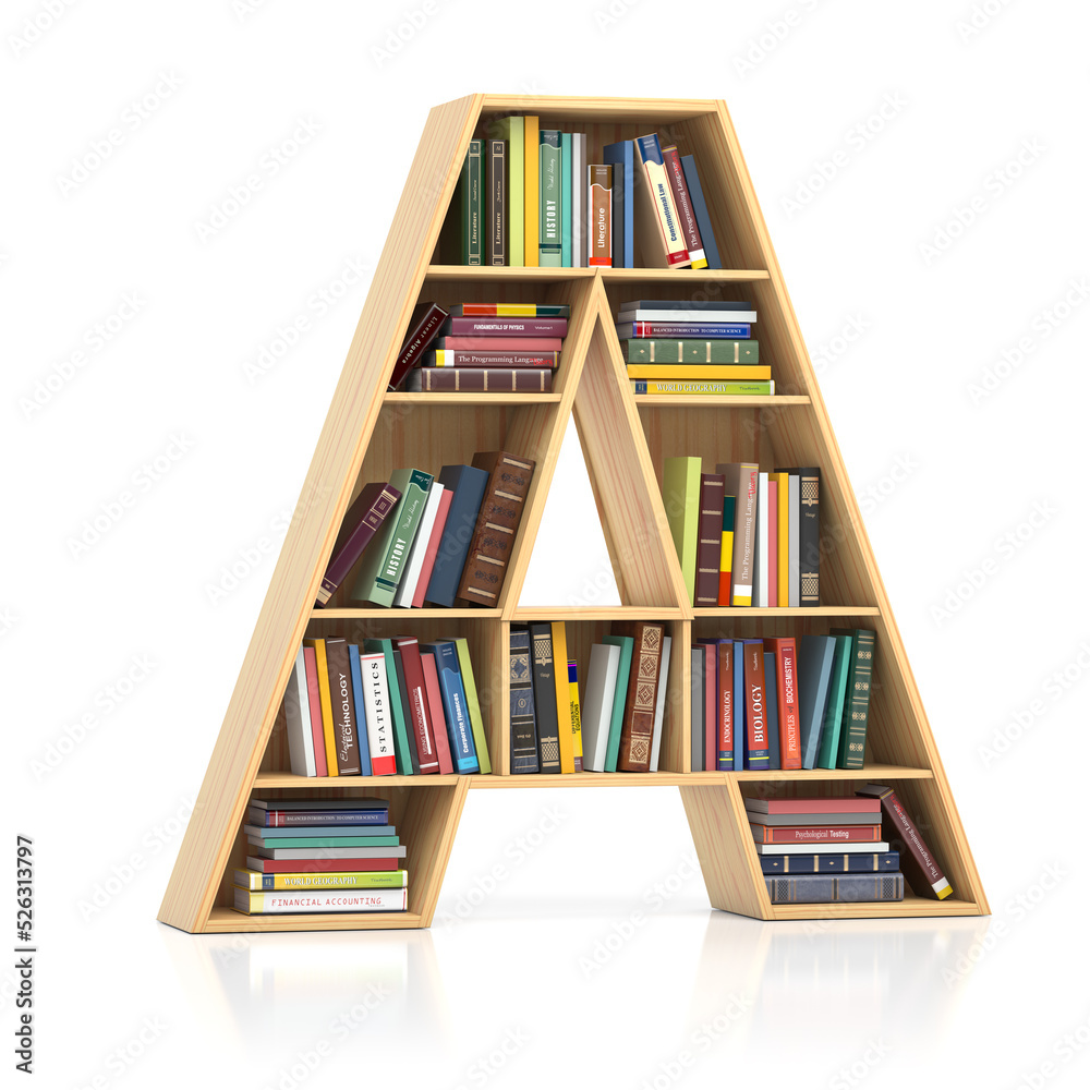 Poster Letter A in form of bookshelf with book and texbooks. Educational and learning conceptual font and alphabet.