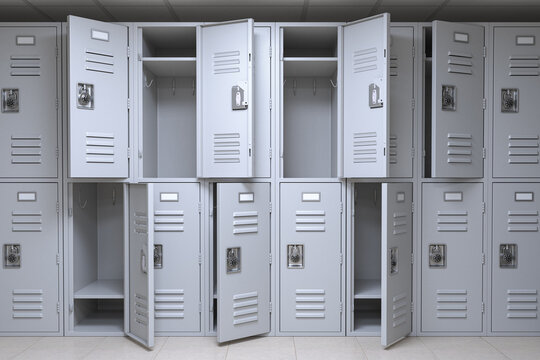 School or gym locker room with open and closed doors.