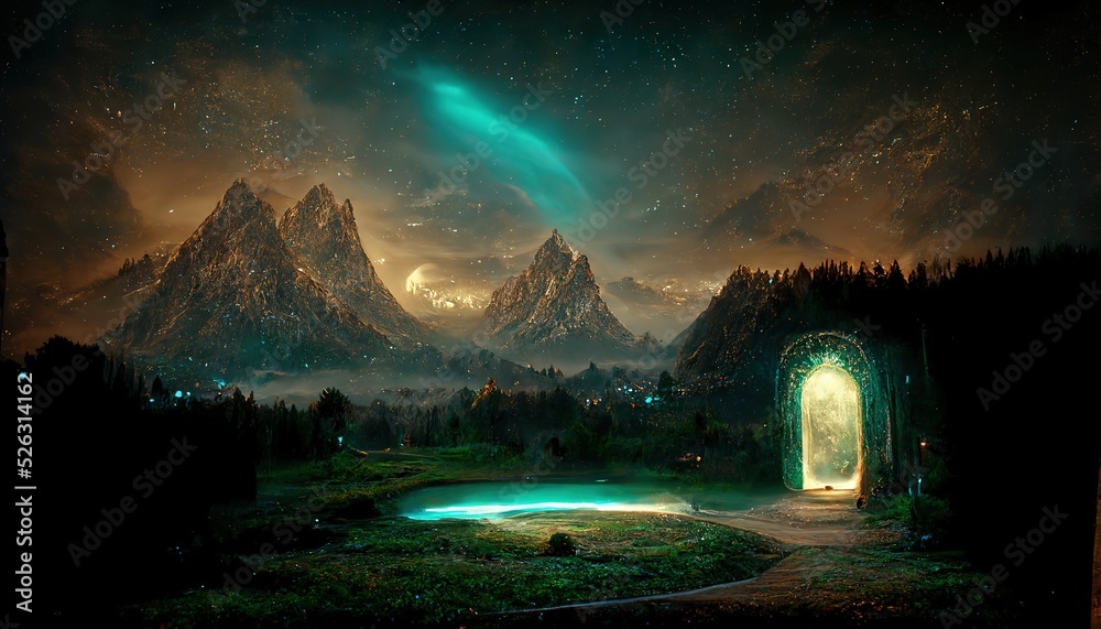 Poster Magical portal, with mystical green light in a wooden frame