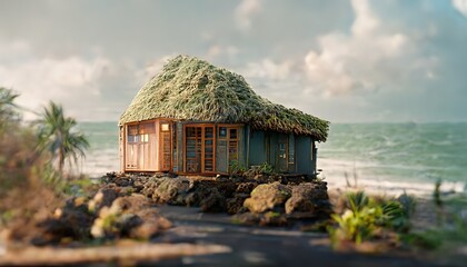Summer warm day by the sea, bungalow surrounded by palm trees - obrazy, fototapety, plakaty