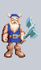 Pixel character bearded dwarf with ax for games and websites