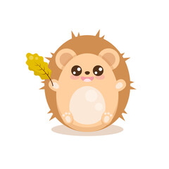 cartoon character hedgehog kawaii with oak leaf