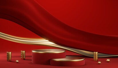 3D rendering of blank product background for cream cosmetics Modern red podium background