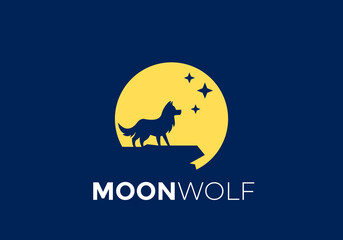 Wolf illustration logo on moon background.