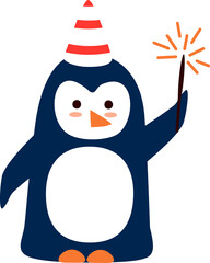 Cartoon penguin with holiday hat and sparkler illustration