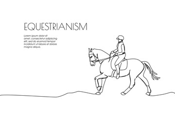 Fototapeta na wymiar Web banner with horseback riding one line art. Continuous line drawing of promotion poster horse, rider, saddle, trot, horse racing, polo, sport, competition.