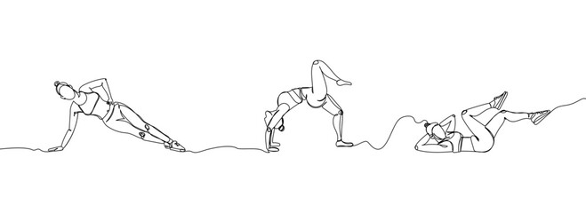 Yoga, fitness people, training set one line art. Continuous line drawing sports, fitness, pilates, athletics, strength, athletic, athlete, woman, gym, stretching, abs exercises, side plank, workout.