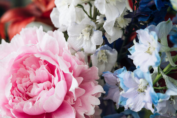 delicate bouquet of delphiniums and large pink peony