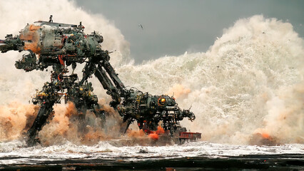 Fototapeta premium Battle robots emerge from the sea