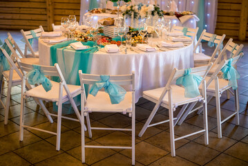 Table with food and drinks for wedding guests