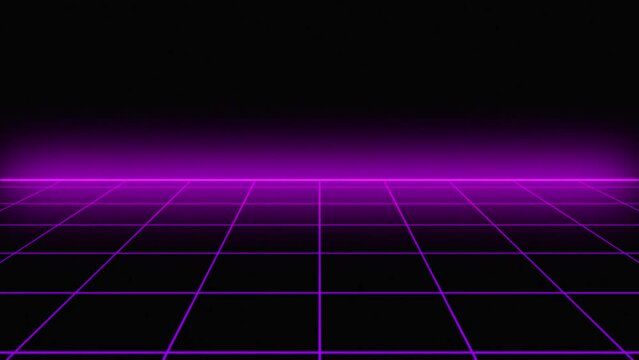 Purple retrowave animation glowing luminance laser background, abstract technology horizontal line purple light glow, galaxy geometric internet 80s style poster