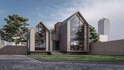 3d rendering illustration of a modern minimal house with staircase at entrance door with natural view surrounding